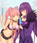  anger_vein aoten_(aoiroarekore) bikini breasts cleavage closed_eyes commentary_request dress fate/grand_order fate_(series) feather_trim food frilled_bikini frills fur-trimmed_dress fur_trim hair_between_eyes headpiece highres large_breasts leaning_forward long_sleeves medb_(fate)_(all) medb_(swimsuit_saber)_(fate) medium_breasts navel outdoors palm_tree pink_bikini popsicle purple_dress purple_hair scathach_(fate)_(all) scathach_skadi_(fate/grand_order) smile swimsuit tiara tree twintails white_bikini wide_sleeves yellow_eyes 