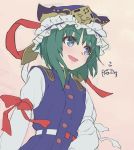  1girl :d arm_ribbon bangs beige_background blue_eyes blue_headwear blue_vest blush commentary_request epaulettes eyebrows_visible_through_hair frilled_hat frills green_hair hat hat_ribbon heart juliet_sleeves long_sleeves open_mouth puffy_sleeves red_ribbon ribbon shiki_eiki shirt short_hair smile solo syuri22 touhou upper_body vest white_ribbon white_shirt 