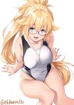  1girl absurdres bangs bare_arms bare_legs bare_shoulders black-framed_eyewear blonde_hair blue_eyes blush collarbone competition_swimsuit ebifurya eyebrows_visible_through_hair fantia_reward fate/grand_order fate_(series) from_above glasses hair_between_eyes highleg highleg_swimsuit highres jeanne_d&#039;arc_(fate)_(all) jeanne_d&#039;arc_(swimsuit_archer) long_hair looking_at_viewer one-piece_swimsuit open_mouth paid_reward ponytail solo swimsuit thighs very_long_hair whistle whistle_around_neck white_background white_swimsuit 