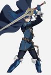  1girl belt blue_eyes blue_hair cape fighting_stance fingerless_gloves fire_emblem fire_emblem_awakening gloves highres holding holding_sword holding_weapon lucina_(fire_emblem) roru_(lol_dessin) serious shoulder_armor solo sword tiara tunic weapon work_in_progress 