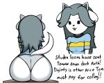  2019 5:4 anthro anthrofied big_butt black_eyes black_nose breasts butt clothed clothing english_text female fur grey_hair hair kierus mammal panties simple_background sitting temmie_(undertale) text undertale underwear video_games white_background white_clothing white_fur white_panties white_underwear 