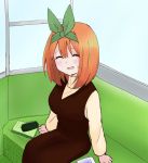  1girl :d ^_^ bangs blush breasts brown_dress brown_sweater closed_eyes commentary_request dress eyebrows_behind_hair facing_viewer go-toubun_no_hanayome green_ribbon hair_between_eyes hair_ribbon highres kujou_karasuma long_sleeves medium_breasts nakano_yotsuba open_mouth orange_hair ribbon seat sitting sleeveless sleeveless_dress smile solo sweat sweater turtleneck turtleneck_sweater white_background 