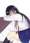  1girl absurdres bangs black_hair closed_eyes commentary_request head_on_arm highres leaning_on_object long_hair original pleated_skirt rucchiifu sailor_collar school_uniform serafuku simple_background skirt sleeping solo white_background 