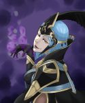  1girl absurdres arete_(fire_emblem) blue_hair cape feathers fire_emblem fire_emblem_fates gloves highres open_mouth smoke solo teeth upper_body yellow_eyes 