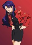  1girl black_dress blue_eyes blue_hair dress earrings gradient gradient_background hands_on_hips highres jacket jewelry katsuragi_misato long_hair necklace neon_genesis_evangelion official_style open_mouth red_background red_jacket roru_(lol_dessin) signature smile solo stud_earrings 