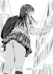  1girl bag blush bookshelf checkered checkered_skirt commentary_request eyebrows_visible_through_hair from_below greyscale highres indoors kobayashi_chisato long_hair long_sleeves monochrome original over_shoulder panties pantyshot plaid plaid_skirt school_uniform signature skirt solo sweater underwear 