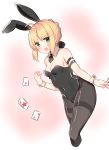  1girl ahoge aizawa85 alternate_costume animal_ears artoria_pendragon_(all) bangs bare_shoulders black_legwear black_ribbon blonde_hair blush braid breasts bunny_ears bunnysuit card cleavage commentary_request eyebrows_visible_through_hair fate/stay_night fate_(series) green_eyes highres looking_at_viewer medium_breasts navel pantyhose playing_card ribbon saber solo wrist_cuffs 