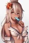  1girl ahoge bare_shoulders bikini breasts dark_skin flower granblue_fantasy hair_between_eyes hair_flower hair_ornament highres inaba_sunimi long_hair looking_at_viewer medium_breasts orange_eyes red_eyes simple_background solo swimsuit very_long_hair white_bikini white_hair zooey_(granblue_fantasy) 