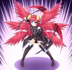  1girl aqua_eyes bangs bare_shoulders black_coat black_footwear blunt_bangs boots bow dual_wielding full_body hair_bow hairband holding holding_scythe holding_weapon kyuutou_(kyuutouryuu) long_hair long_sleeves looking_at_viewer multiple_wings original pointy_ears red_hair red_wings scythe seraph shadow sidelocks smile solo stance standing thigh_boots thighhighs weapon wings yellow_bow yellow_hairband 