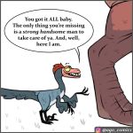  1:1 dialogue dinosaur dromaeosaurid english_text feral flirting male pet_foolery reptile scalie size_difference smaller_male text theropod twig_the_velociraptor tyrannosaurid tyrannosaurus tyrannosaurus_rex velociraptor 