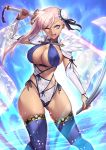  1girl :d asymmetrical_hair bangs bare_shoulders blue_eyes blue_swimsuit boots breasts bun_cover commentary_request criss-cross_halter detached_sleeves fate/grand_order fate_(series) fur_trim hair_bun halter_top halterneck highres large_breasts long_hair miyamoto_musashi_(fate/grand_order) miyamoto_musashi_(swimsuit_berserker)_(fate) nasaniliu ocean one_eye_closed open_mouth single_sidelock sky smile solo swept_bangs swimsuit thigh_boots thighhighs toned toy_sword two-tone_swimsuit 