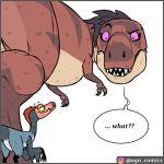  1:1 dialogue dinosaur dromaeosaurid duo english_text female feral larger_female male pet_foolery reptile scalie sharp_teeth simple_background size_difference smaller_male teeth text theropod twig_the_velociraptor tyrannosaurid tyrannosaurus tyrannosaurus_rex velociraptor 