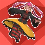  1girl asha chinese_clothes dark_skin earrings grin hair_rings half-closed_eyes highres jewelry long_sleeves looking_at_viewer pink_hair pokemon_masters punk_girl_(pokemon) red_eyes sharp_teeth skirt smile striped striped_legwear teeth twintails yellow_skirt 