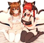  2girls animal_ears bangs bare_arms bare_shoulders bed_sheet bell bell_choker black_bow black_bra black_choker black_panties blush bow bra braid breasts brown_hair cat_cutout cat_ear_panties cat_ears cat_lingerie cat_tail chen choker cleavage cleavage_cutout collarbone commentary_request extra_ears eyebrows_visible_through_hair fang fang_out flat_chest frilled_bra frills gradient gradient_background groin hair_between_eyes hair_bow hand_up heart heart_tail jewelry jingle_bell kaenbyou_rin large_breasts lingerie long_hair looking_at_viewer marota meme_attire multiple_girls multiple_tails nail_polish navel nekomata no_hat no_headwear no_shoes open_mouth panties paw_pose red_eyes red_hair red_nails short_hair side-tie_panties sitting skin_fang smile stomach tail thighhighs thighs touhou twin_braids twintails underwear underwear_only white_background white_bra white_choker white_legwear white_panties yokozuwari 