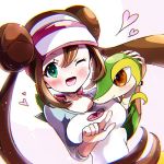  1girl blue_eyes blush breasts brown_hair double_bun hair_bun heart kotohogi_funyanya~ low_twintails mei_(pokemon) pokemon pokemon_(creature) pokemon_masters snivy twintails visor_cap 