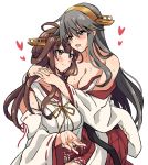  2girls absurdres ahoge black_hair breasts brown_eyes brown_hair cleavage commentary_request cowboy_shot detached_sleeves double_bun hair_ornament hairband hairclip haruna_(kantai_collection) headgear heart highres hug japanese_clothes kantai_collection kongou_(kantai_collection) long_hair medium_breasts miiii multiple_girls off_shoulder pleated_skirt red_skirt ribbon-trimmed_sleeves ribbon_trim simple_background skirt suggestive_fluid white_background yuri 