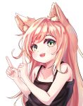  1girl animal_ear_fluff animal_ears arms_up black_tank_top blonde_hair cat_ears green_eyes highres index_finger_raised kosobin long_hair open_mouth original simple_background smile solo tank_top upper_body very_long_hair white_background 