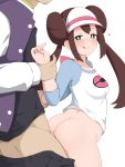  1boy 1girl :p absurdres ass blue_eyes blush bottomless breasts brown_hair butt_crack clothed_sex double_bun hair_bun half-closed_eyes heart hetero highres jacket licking_lips looking_at_viewer low_twintails mei_(pokemon) naughty_face pants pants_down pokemon pokemon_(game) pokemon_masters sex simple_background smile standing standing_sex tongue tongue_out twintails user_ykwg8547 visor_cap white_background wrist_grab 