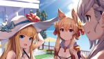  3girls :d akanagi_youto arm_up azur_lane bangs bare_shoulders belfast_(azur_lane) blonde_hair blue_bow blue_eyes blue_sky bow braid breasts building cleavage cloud commentary_request day eyebrows_visible_through_hair fang flower french_braid hair_between_eyes hair_ribbon hairband hand_on_headwear hat hat_bow hat_flower hibiscus long_hair looking_at_another multiple_girls open_mouth outdoors pointy_hair portrait profile queen_elizabeth_(azur_lane) railing red_flower red_ribbon ribbon short_hair_with_long_locks silver_hair sky small_breasts smile sun_hat table tree upper_body warspite_(azur_lane) white_headwear yellow_flower 