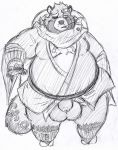  2019 anthro balls belly big_balls canid canine clothing flaccid gyobu hat headgear headwear hi_res humanoid_hands humanoid_penis lacimehc leaf male mammal moobs overweight overweight_male penis raccoon_dog robe scar simple_background solo tanuki tokyo_afterschool_summoners video_games 