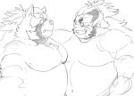  2019 anthro belly blush canid canine duo exe_exem goemon_(tas) human male mammal moobs overweight overweight_male raccoon_dog simple_background tanuki tokyo_afterschool_summoners video_games 