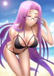  1girl adjusting_eyewear bangs bare_shoulders beach bikini black_bikini blue_sky breasts cleavage closed_mouth collarbone facial_mark fate/stay_night fate_(series) forehead forehead_mark glasses highres large_breasts leaning_forward long_hair looking_at_viewer minami_koyogi o-ring parted_bangs purple_eyes purple_hair rider sky solo sunlight swimsuit thighs very_long_hair 