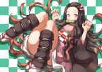  1girl bamboo bit_gag black_hair blush breasts checkered checkered_background checkered_obi claw_pose convenient_leg fingernails forehead full_body gag hair_ribbon haori highres japanese_clothes kamado_nezuko kimetsu_no_yaiba kimono leg_warmers long_hair looking_at_viewer miyabi_(miyabeeya) multicolored_hair obi orange_hair pink_eyes pink_nails ribbon sandals sash shadow sharp_fingernails small_breasts solo thighs two-tone_hair wide_sleeves 