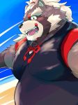 2019 anthro belly blush brown_fur canid canine clothing cromren fur goemon_(tas) male mammal overweight overweight_male raccoon_dog robe simple_background solo tanuki tokyo_afterschool_summoners video_games 