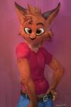  2017 absurd_res anthro belt bobcat bottomwear cheek_tuft clothed clothing digital_media_(artwork) digital_painting_(artwork) elbow_tufts eyebrows felid feline fully_clothed fur hair half-length_portrait hand_on_hip hi_res inner_ear_fluff jeans lynx male mammal minute orange_eyes orange_fur oselotti pants portrait red_background sassy shirt short_hair simple_background smile solo spots standing t-shirt tight_clothing tight_shirt tight_topwear topwear tuft 