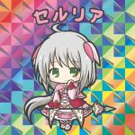  1girl ahoge bikkuriman_(style) blush capelet character_name chibi closed_mouth dress flower_knight_girl full_body green_eyes grey_hair hair_ribbon hand_up holding long_hair long_sleeves looking_at_viewer parody pink_capelet pink_dress pink_legwear pink_ribbon puffy_long_sleeves puffy_sleeves ribbon rinechun serruria_(flower_knight_girl) shoes sleeves_past_wrists smile socks solo standing very_long_hair white_footwear 