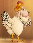  2016 absurd_res avian belly big_belly big_breasts bird blonde_hair breasts chicken egg feathers female galliform gallus_(genus) hair hi_res maws-paws nipples phasianid pregnant solo standing talons transformation wings 