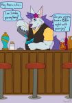  2019 4_fingers alcohol anthro bartender beverage claws clothed clothing digital_drawing_(artwork) digital_media_(artwork) drinking english_text fingers fur hair hybrid jewelry koorivlf long_ears male seat series simple_background smile snout solo speech_bubble standing text topwear vest 