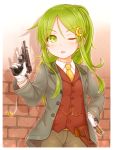  1girl absurdres alternate_costume alternate_hairstyle bangs blush brick_wall crescent crescent_hair_ornament crossdressing eyebrows_visible_through_hair gloves green_eyes green_hair gun hair_ornament hairclip hand_on_hip handgun highres holding holding_gun holding_weapon holster jacket kantai_collection long_hair long_sleeves nagatsuki_(kantai_collection) necktie one_eye_closed open_mouth pants ponytail shell_casing shirt smoke solo suzushiro_(gripen39) tomboy vest weapon white_gloves yellow_neckwear 