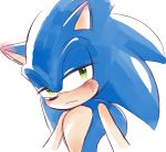  anthro blue_fur blush bodily_fluids den255 ear_blush eulipotyphlan fur green_eyes half-closed_eyes half-length_portrait hedgehog looking_aside male mammal portrait simple_background solo sonic_(series) sonic_the_hedgehog sweat sweatdrop wavy_mouth white_background 