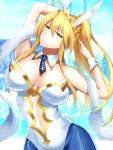  1girl animal_ears armpits arms_behind_head arms_up artoria_pendragon_(all) artoria_pendragon_(swimsuit_ruler)_(fate) bangs bare_shoulders blonde_hair blue_legwear blue_neckwear braid breasts bunny_ears bunnysuit cleavage closed_mouth detached_collar fate/grand_order fate_(series) fishnet_pantyhose fishnets french_braid green_eyes hair_between_eyes highleg highleg_leotard large_breasts leotard long_hair looking_at_viewer minami_koyogi navel navel_cutout necktie pantyhose ponytail sidelocks solo tiara white_leotard 