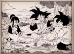  1girl 2boys :d ^_^ bangs biting black_eyes black_hair blanket border bush chewing chi-chi_(dragon_ball) chicken_(food) chicken_leg china_dress chinese_clothes chopsticks closed_eyes cloud cloudy_sky commentary_request couple dragon_ball dragon_ball_z dress dumpling eating father_and_son fenyon food full_body grass hair_bun hetero holding holding_chopsticks holding_food holding_plate horizon monochrome mother_and_son mountain mountainous_horizon multiple_boys nature open_mouth outdoors picnic plate profile seiza sitting sky smile son_gohan son_gokuu spiked_hair tied_hair tree twitter_username white_border 