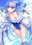  1girl ass_visible_through_thighs bangs bare_shoulders blue_ribbon blue_sky blue_swimsuit blush breasts choker closed_eyes cloud covered_navel day eyebrows_visible_through_hair fate/grand_order fate_(series) frills gendo0032 greaves hair_between_eyes hair_ornament hair_ribbon highleg highleg_swimsuit long_hair looking_at_viewer meltryllis meltryllis_(swimsuit_lancer)_(fate) ocean one-piece_swimsuit outdoors puffy_sleeves purple_hair ribbon sky sleeves_past_fingers sleeves_past_wrists small_breasts swimsuit thighs very_long_hair water whale 