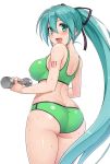  1girl :d ass blush bra breasts buruma commentary_request cowboy_shot dumbbell from_behind green_bra green_eyes green_hair hair_between_eyes hair_ribbon hatsune_miku high_ponytail holding hormone_koijirou large_breasts long_hair looking_at_viewer number open_mouth ribbon shirt simple_background smile solo sports_bra sweat underwear very_long_hair vocaloid white_background 