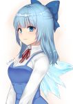  1girl alternate_hair_length alternate_hairstyle bangs blue_bow blue_dress blue_eyes blue_hair blush bow breasts cirno commentary_request dress eyebrows_visible_through_hair hair_bow ice ice_wings large_breasts long_hair long_sleeves looking_at_viewer monrooru neck_ribbon older pinafore_dress red_neckwear red_ribbon ribbon shirt sidelocks smile solo touhou translation_request upper_body white_background white_shirt wing_collar wings 