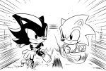  anthro black_and_white black_eyes clothing den255 duo eulipotyphlan eye_contact footwear frown gloves handwear hedgehog looking_at_another male mammal monochrome motion_lines running shadow_the_hedgehog shoes sonic_(series) sonic_the_hedgehog young 