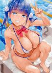  1girl 2t_(tanakatakuto) bikini blue_eyes blue_hair blush breasts cameltoe covered_nipples hair_ornament highres huge_breasts impossible_clothes impossible_swimsuit long_hair looking_at_viewer navel original parted_lips pool poolside shiny shiny_hair shiny_skin sitting skindentation smile solo starting_block swimsuit teeth twintails v water wet white_bikini 