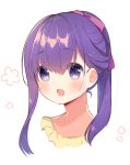  1girl :d aizawa85 alternate_hairstyle bangs blush commentary_request eyebrows_visible_through_hair face fate/stay_night fate_(series) floral_print hair_ribbon long_hair looking_at_viewer matou_sakura open_mouth ponytail purple_eyes purple_hair ribbon sidelocks simple_background smile solo white_background 