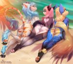 2019 4_toes anthro arcanine beach blue_hair bubble_butt butt canid canine canis day detailed_background domestic_cat domestic_dog dragon felid feline felis female fur furred_dragon group hair mammal matemi nintendo nude outside pink_hair pok&eacute;mon pok&eacute;mon_(species) poofroom pussy sand seaside smile toes video_games water 