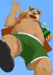  2019 anthro barontoko belly blue_background brown_fur clothed clothing eyewear food fruit fur glasses hat headgear headwear hi_res humanoid_hands male mammal melon moobs navel one_eye_closed open_shirt plant shirt simple_background solo straw_hat swimwear tokyo_afterschool_summoners topwear ursid video_games volos watermelon wink 
