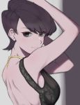  armpits arms_up backless_dress backless_outfit black_dress black_eyes black_hair blurry blurry_background blush breasts dress ears eyebrows_visible_through_hair eyelashes glitter highres jewelry komi-san_wa_komyushou_desu komi_shuuko looking_at_viewer mature medium_breasts portrait short_hair simple_background smile takita_(takita3411) taut_clothes taut_dress 