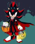  abstract_background anthro basket black_fur blue_eyes candle candy cape chao_(sonic) character_chao clothing costume den255 duo eating eulipotyphlan fire food footwear fur gloves halloween handwear hedgehog holding_object holidays lantern lollipop male mammal red_eyes red_fur shadow_chao shadow_the_hedgehog shoes sonic_(series) 