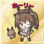  1girl ;d animal animal_ears antlers blush boots brown_dress brown_eyes brown_footwear brown_hair brown_hairband brown_sleeves character_name chibi detached_sleeves dress fake_animal_ears fake_antlers flower_knight_girl full_body hair_ornament hairband hairclip holly_(flower_knight_girl) index_finger_raised knee_boots long_hair long_sleeves one_eye_closed open_mouth outstretched_arm ponytail reindeer reindeer_antlers reindeer_ears reindeer_hair_ornament rinechun sidelocks smile solo standing strapless strapless_dress 