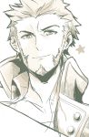  0hbja 1boy beard collared_jacket epaulettes face facial_hair fate/grand_order fate_(series) greyscale highres jacket looking_at_viewer male_focus monochrome napoleon_bonaparte_(fate/grand_order) open_clothes open_jacket simple_background sketch smile star upper_body 