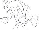  ?! ^_^ ambiguous_gender anthro bite black_and_white bodily_fluids chao_(sonic) clothing den255 duo echidna eyes_closed gloves handwear humor knuckles_the_echidna looking_back male mammal monochrome monotreme sketch smile sonic_(series) surprise sweat sweatdrop 