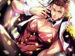  1boy abs animal_ears bara beard blue_eyes blush brown_hair bunny_ears bunnysuit chest collar epaulettes facial_hair fate/grand_order fate_(series) highres lipstick long_sleeves looking_at_viewer makeup male_focus muscle napoleon_bonaparte_(fate/grand_order) necktie one_eye_closed open_clothes pectorals scar simple_background smile solo sweatdrop upper_body zuman_(zmnjo1440) 